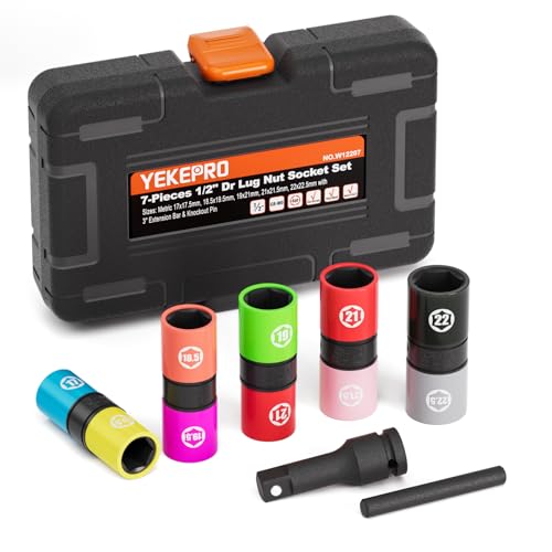 7PCS Half Size Lug Nut Flip Socket Set, 1/2" Drive Impact Sockets | Thin Wall Impact Deep Socket Kit 17/17.5-22/22.5mm, for Swollen & Damaged Lug Nuts, Metric, CR-MO Steel