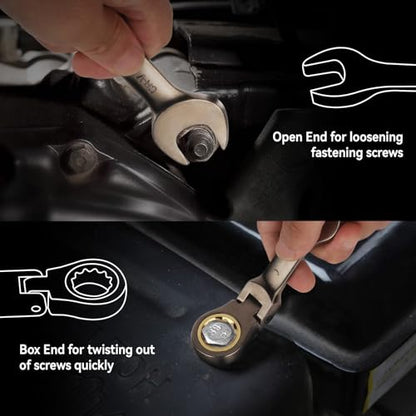 DISEN 9 Piece Flex Head Stubby Ratcheting Wrench Set Metric 90 Tooth | Metric 8-17 mm, CR-V Material, Nickel Plating Finish Combination Ratchet Wrenches Set, Golden Ratchet, with Rolling Pouch