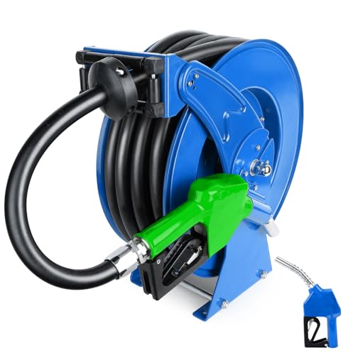 3/4" x 50ft Fuel Hose Reel Blue, 300PSI Diesel Transfer Hose Working with 12V Pump & Tank, Manual Retractable Reel with Fuel Nozzle, for Boat Def Fluid Truck Bed Trailer Cart - color: Blue, size: 3/4" x 50ft