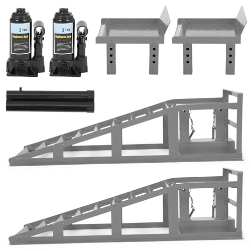 5 Ton Hydraulic Car Ramps, 2 Pack Heavy Duty Adjustable Lift Ramps with Safety Lock, Low Profile Steel Service Ramp, 11000 Lbs Capacity, 11.6"–16.2" Height for Car, Truck, SUV, Garage - Gray