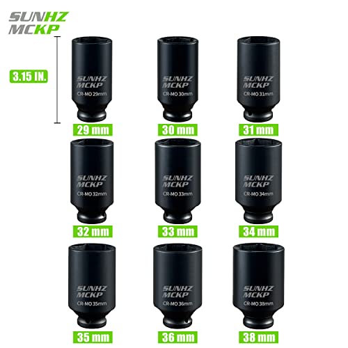 SUNKPMCKP 1/2" Drive Deep 6-Point Impact Socket Set, 9-Piece METRIC Spindle Axle Nut Impact Socket Set, Cr-Mo, 29mm - 38mm - color: 9-piece, size: 9-Pc 1/2" Metric Drive Impact Socket Set