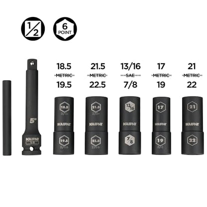 K231 Extra Thin Wall Impact Flip Socket and Knockout Bar Set with Half Sizes, Lug Nut Sockets, 1/2-Inch Drive, 7-Piece - size: Half and Regular sizes