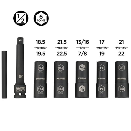 K231 Extra Thin Wall Impact Flip Socket and Knockout Bar Set with Half Sizes, Lug Nut Sockets, 1/2-Inch Drive, 7-Piece - size: Half and Regular sizes