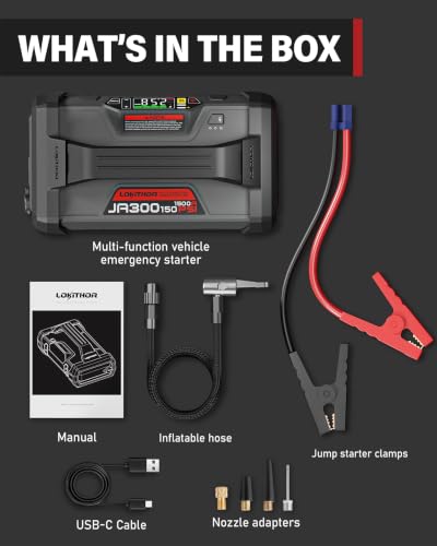 LOKITHOR JA300 Jump Starter with Air Compressor, 12V 1500A Portable Car Battery Booster (Up to 7.0L Gas / 4.5L Diesel), 150PSI Tire Inflator with Digital Display & Auto Shut-Off