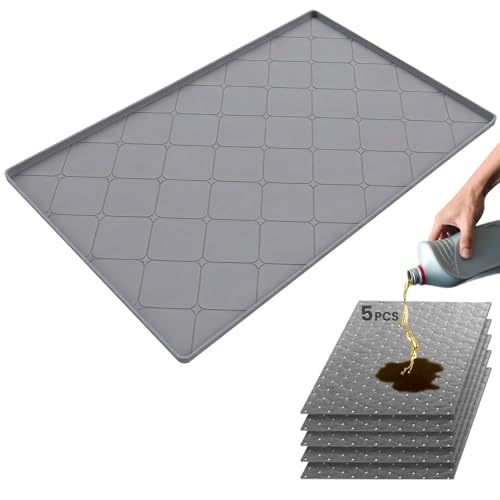 Oil Drip Pan for Under Car 34" x 22", Silicone Oil Spill Mat with 5 Absorbent Pads, Garage Drip Tray with 0.7" Raised Edge, Waterproof Non-Slip Floor Protector, Gray
