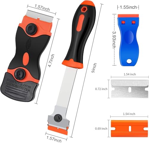 3 Pack Razor Blade Scraper Tool, with 50 Plastic & 30 Metal Razor Blades | Cleaning Scraper for Removing Label, Registration Sticker, Tint, Grease from Windshield, Appliance, Glass