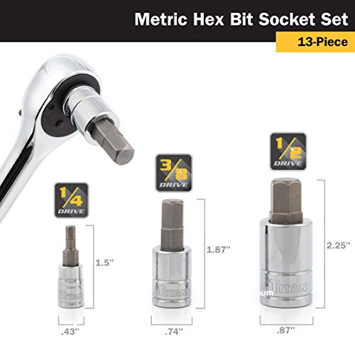 Titan 16124 13-Piece Metric Hex Bit Socket Set, Magnetic Socket Organizer with Laser-Etched Size Markings - style: Metric Hex