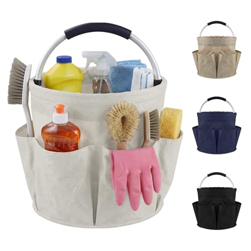 Cleaning Caddy with Handle, 17L Cleaning Supplies Organizer, Off-White | 600D Oxford Fabric Storage Basket with 6 Pockets, Multifunctional Bucket Bag for Picnics, Camping, Gardening, Bathing - color: Off-white