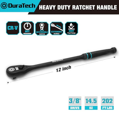 DURATECH Extra Long Handle 3/8-Inch Drive Ratchet, 90-Tooth Ratchet Wrench with 12" Handle and Dust Proof Teardrop Enclosed Head, Reversible, CR-V Made, CR-MO Head, 4° Swing, Black Mn Phosphate Finish - size: 3/8" with 12" handle