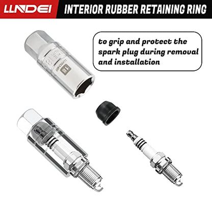 LLNDEI 3/8 Inch Drive Spark Plug Socket Set SAE & Metric, High Visibility 6 Point Sockets CR-V Steel, Mirror Polished Sockets with Rubber Retaining Rings-Spark Plug Removal Tool for Car Repair 7PCS - size: 6 pieces + extension bar