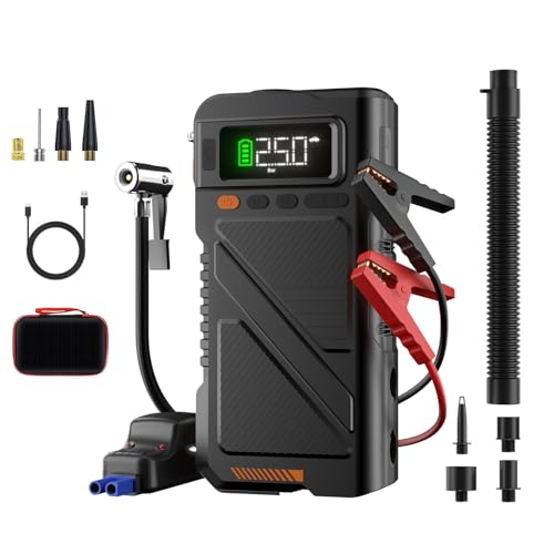 8000A Jump Starter with Air Inflator & Deflator Compressor, 9-in-1 Portable 12V Car Jump Box Power Pack for All Gas/12L Diesel Engine with 150PSI Tire Inflator & Extended Jumper Cable - color: Black-9IN1