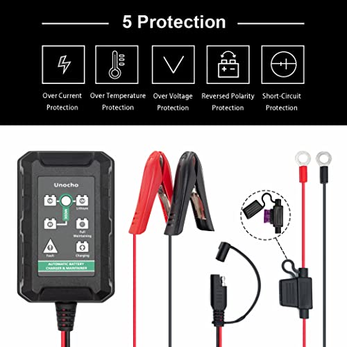Unocho 1.5A Smart Battery Charger Maintainer for 6V 12V Lead Acid and 14.4V LiFePO4 Batteries, Automatic Trickle Float Charger with SAE Clips for Car Motorcycle Lawn Mower Boat