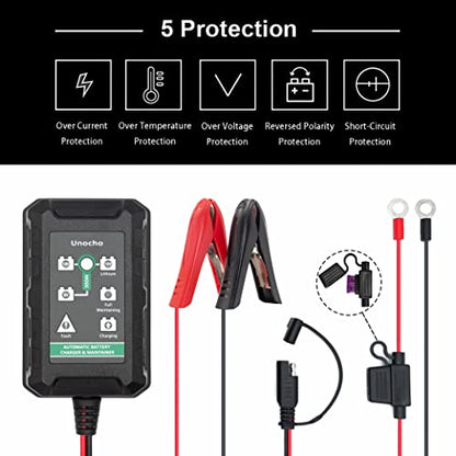 Unocho 1.5A Smart Battery Charger Maintainer for 6V 12V Lead Acid and 14.4V LiFePO4 Batteries, Automatic Trickle Float Charger with SAE Clips for Car Motorcycle Lawn Mower Boat