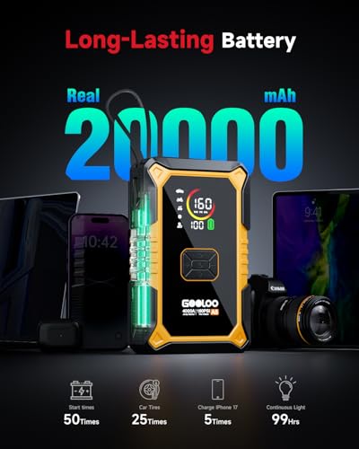 GOOLOO A5 Jump Starter with Air Compressor, 4000A Car Battery Booster | 4-in-1: 4000A Portable Car Jump Starter - 160 PSI Auto-Off Inflator - 45W USB-C Output with Built-In Cable - LED Flashlight - color: Yellow