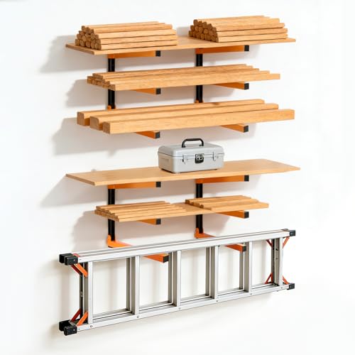 Wall Mounted Lumber Storage Rack and Wood Organizer with 6-Level Holds Up 1320 LBS, Heavy Duty Steel Shelf Brackets for Garages Workshops & Outdoor Sheds, Space Saving Metal Wall Rack