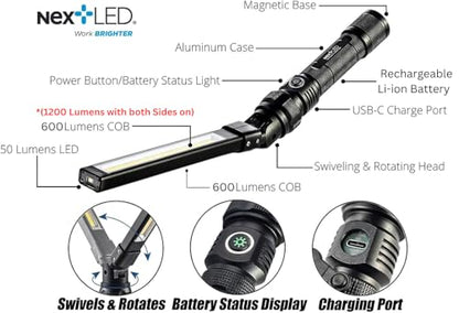 NextLED NT-7544 Heavy Duty Folding Work Light, Rechargeable, Double-Sided, 600x2 Lumen, Slim Magnetic Flashlight, W/Top Light, Aluminum Body, Magnetic Flashlight for Auto Repair/HVAC Inspection, IPX4 - style: 1200 Lumen Double Sided