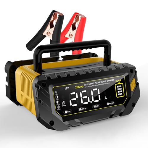 Car Battery Charger Auto-Stop 6V/12V/24V Trickle Charger | Max 26 Amp, Lithium LiFePO4 & Lead-Acid(All Car Battery) Battery Maintainer, Overcharge Protection, Temperature Compensation