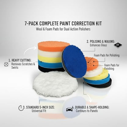 7-Pack 5-Inch Car Polishing Pads - Synthetic Wool & Foam Buffer Set for Dual Action Polishers
