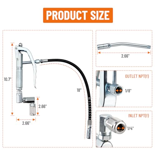Grease Control Handle Valve for Grease Pump | 18" Flexible Spout with 4 Jaws Coupler, 1/4" NPT(f) Inlet Thread, 7500 PSI Max Working Pressure, 360 Degree Z Swivel Design