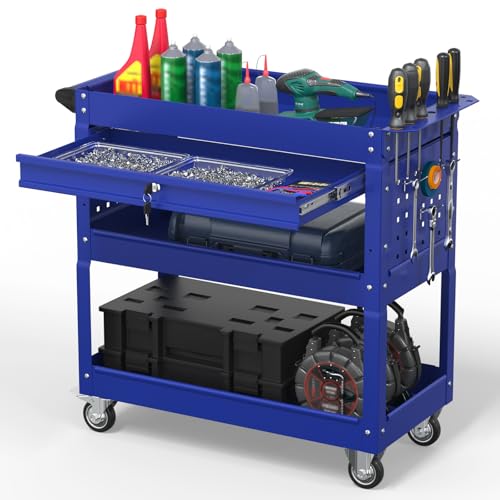 3 Tier Rolling Tool Cart on Wheels, 550 LBS Tool Cart with Drawers，Heavy Duty Utility Cart with Pegboard and Hook，Mechanic Tool Storage Cart for Garage, Warehouse and Repair Shop(Dark Blue) - color: Blue