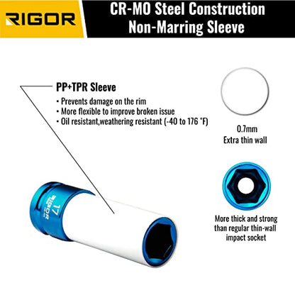RIGOR 11516 Non-Marring Lug Nut Socket Set | Wheel Protector Impact Socket Set | 1/2" Drive, 6 Point, CR-MO | Metric 17mm, 19mm, 21mm, 22mm - size: 17mm, 19mm, 21mm, 22mm