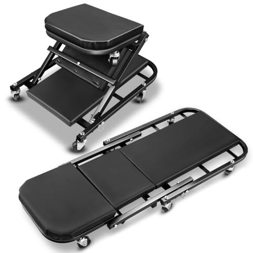 Foldable Creeper, 2-in-1 Rolling Garage Z Creeper Car & Seat, 40" Roller Mechanics Under Car Chair, 330 LBS Weight Capacity Heavy Duty, Black - color: Black, size: 40 Inch Length