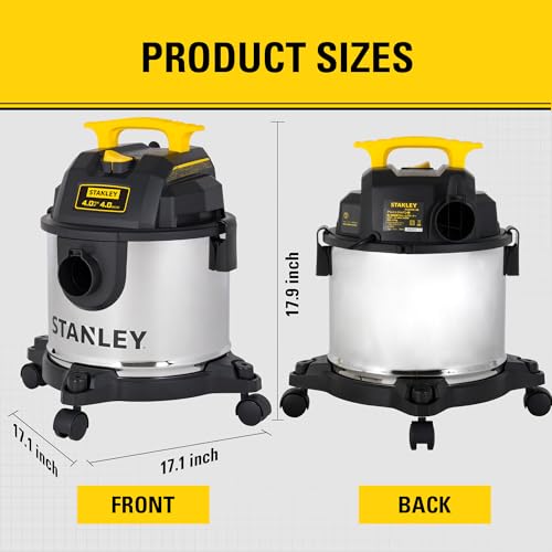 STANLEY 4 Gallon Wet Dry Vacuum, 4 Peak HP Stainless Steel 3 in 1 Shop Vacuum Blower with Powerful Suction, Vacuum for Job Site, Garage, Basement, Workshop, Top Handle, Portable Wet Dry Vac SL18301-4B - size: 4 Gallon, 4.0 HP