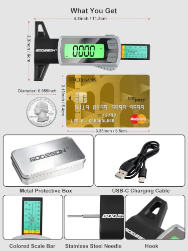 GODESON Tire Tread Depth Gauge,Rechargeable Digital Tire Depth Gauge - USB-C,3-Unit Switch (mm/Decimal/Fraction Inch), Backlit LCD Display, Auto Power Off, 0-32NDS for Car/SUV/Truck Wear Measurement