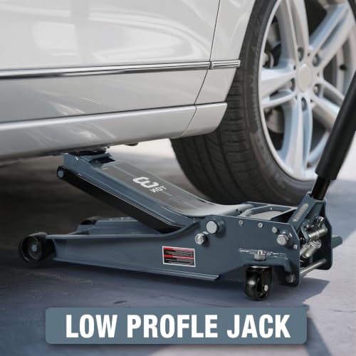 3 Ton Floor Jack Extra Long-Reach Low Profile Hydraulic Jack with Dual-Piston Quick Lift Pump, Home & Shop Auto Repair, Fits Most Vehicles, 6,600 lb Capacity, Gray