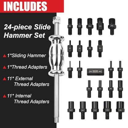 24-Piece Slide Hammer Set, Dowel Pin Puller - Remove Bushings, Bearings, Dowel Pins, Seals, and Frozen Parts with Attachments