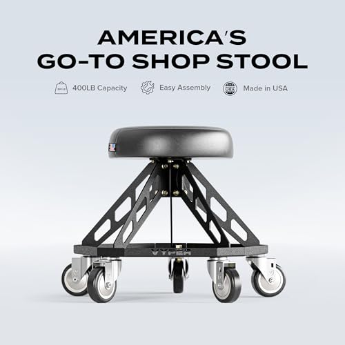 Vyper Robust Steel Pro Garage Stool Large Wheels, Black Frame | Robust steel garage stool with 400 lb capacity, large industrial casters, foam seat, tool tray, and red frame for auto or DIY - color: Black Seat, Black Frame
