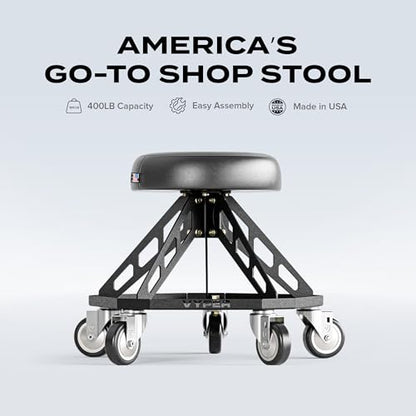 Vyper Robust Steel Pro Garage Stool Large Wheels, Black Frame | Robust steel garage stool with 400 lb capacity, large industrial casters, foam seat, tool tray, and red frame for auto or DIY - color: Black Seat, Black Frame