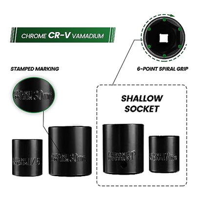 Steel Vision 35-Piece Impact Socket Set, 3/8" & 1/2" Drive Shallow SAE/Metric, 6-Point CR-V Steel Sockets with Adapter, 3" Extensions & Storage Case - size: 3/8"&1/2""_SAE&Metric_35pc