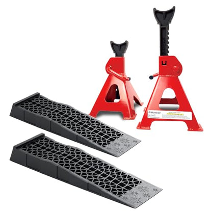 3 Ton Low Profile Plastic Car Service Ramps and 3 Ton Red Jack Stands
