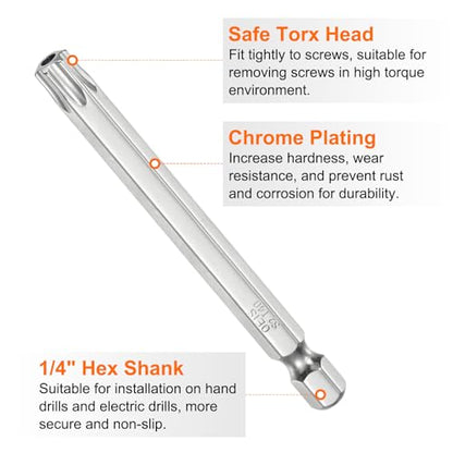 HARFINGTON 2pcs T40 Security Torx Bit 1/4" Hex Shank 3" Long S2 Steel Magnetic Tamper Resistant Star Bits Screwdriver Torx Head with Hole for Driver Drill Bits Remove Fastening Screws - size: T40