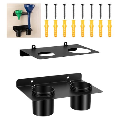 Heavy Duty 1 Pack Oil Funnel Holder – Wall Mount with 2 Removable Drip Cups, 2 Stands, 8 Screws & Anchor – Fits 3.27”/2.28” Funnels for Garage, Shop, Trailer Black Iron/PVC