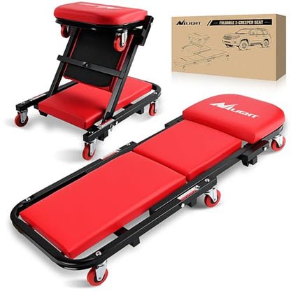Nilight 40" Z Creeper - 2-in-1 Folding Rolling Mechanic Seat, 40 inches Adjustable Lay-Down or Sit Garage Chair, 330 lbs Capacity, Red Black - color: Red