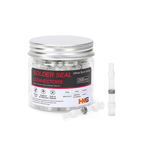 HKS 200PCS Solder Seal Wire Connectors – 26-24 AWG White Heat Shrink Butt Terminals – Waterproof Electrical Wire Splice for Automotive, Marine, and DIY Wiring - color: WHITE 26-24 AWG, size: 200PCS