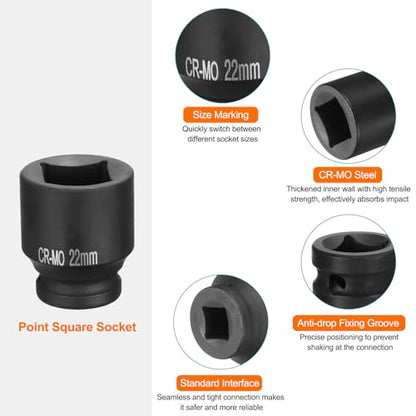 HARFINGTON 2pcs 4 Point Square Socket 1/2" Drive 22mm Metric Square Impact Socket CR-MO Blackening Standard Wheel Sockets Pneumatic Socket Tool for Auto Repair Mechanical Maintenance Home Use - size: 22mm