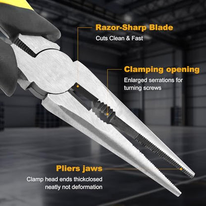 Premium 8-Inch Needle Nose Pliers, Heavy-Duty Steel Long Nose Cutting Pliers with Wire Cutter, Paper Clamp Precision, Anti-Slip Comfort Grip for Home, Fishing, Jewelry and Crafts