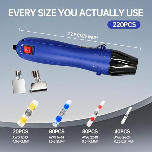 220PCS Solder Seal Wire Connectors Kit with Dual Temp Heat Gun, Heat Shrink Solder Butt Connectors Waterproof Electrical Terminals for Automotive Marine Boat RV Wiring Repair (220, Blue) - color: BLUE