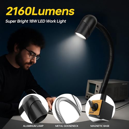 New Magnetic Lamp, 18W Magnetic Lathe Machine Light, 2160 Lumens Flexible Work Light for CNC Milling Machine Drill Press Lighting (magnet base)