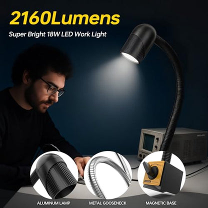 New Magnetic Lamp, 18W Magnetic Lathe Machine Light, 2160 Lumens Flexible Work Light for CNC Milling Machine Drill Press Lighting (magnet base)
