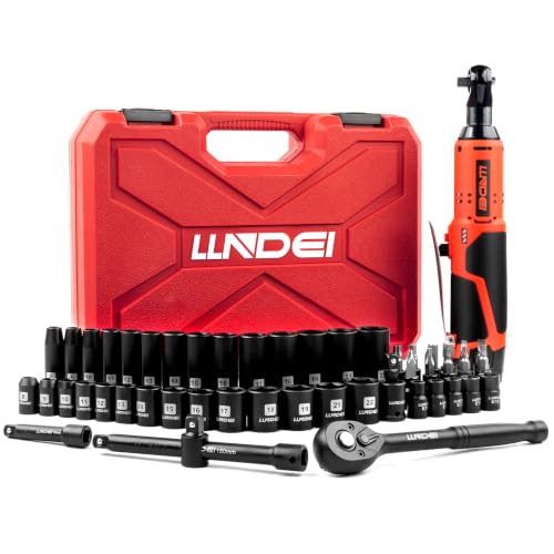 LLNDEI Cordless Electric Ratchet Wrench Set with Socket Set, 3/8" Ratchet, 40FT-LBS with Adjustable Speed, 52PCS