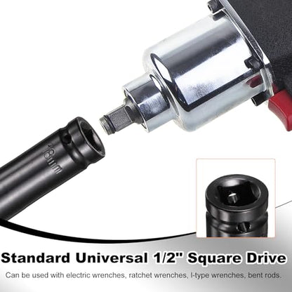 HARFINGTON 3pcs 6-Point Deep Impact Socket 1/2" Drive 18mm Metric Socket 5.7" (145mm) Extra Long Heat-Treated 45# Steel for Home Auto Spindle Axle Hex Nuts Bolts Repair, Black - size: 18mm + 5.7" Long