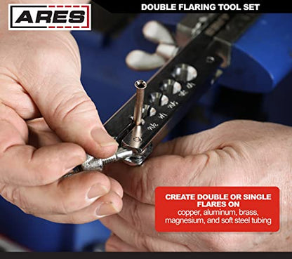 ARES 18019 - Double Flaring Tool Set with Extra Adapters- Use on Copper, Aluminum, Soft Steel Brake Line and Brass Tubing - Includes Mini Tubing Cutter and Storage Case - size: Double Flaring Tool Set