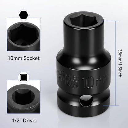 2PCS 10mm Impact Socket 1/2" Drive, 6 Point Metric Shallow Socket, CR-V Steel Heavy Duty Impact Wrench Socket for Automotive Repair - size: 10mm