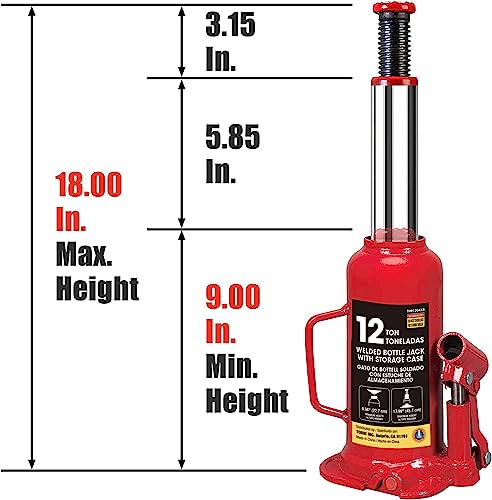 Big RED T91213 Torin Hydraulic Bottle Jack with Carrying Case, 12 Ton (24,000 lb) Capacity