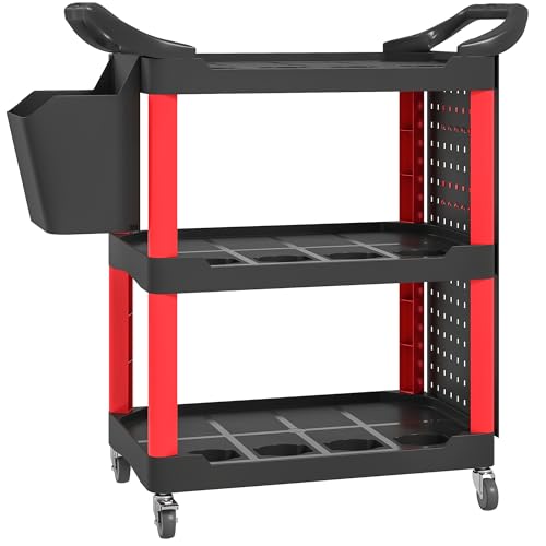 HOMCOM 3 Tier Utility Cart on Wheels with Pegboards, Black and Red | Rolling Tool Storage, Bucket, 200 LBS Load Capacity, Plastic Service Cart, Garage, Warehouse, Workshop - color: Black and Red, size: 39" W x 16.9" D x 38.2" H