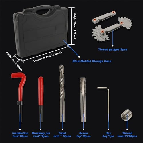 263PCS Thread Repair Kit HSS Drill Helicoil Kit, Rethreading Tool | Rethreading Kit with Thread Gauge Metric and SAE1 /4" 5/16" 3/8" 7/16" 1/2" M5 M6 M8 M10 M12